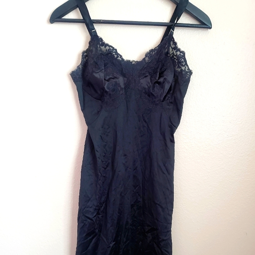Vintage Gossard Artemis Black Satin Lace Slip Dress Size 32 Regular Small